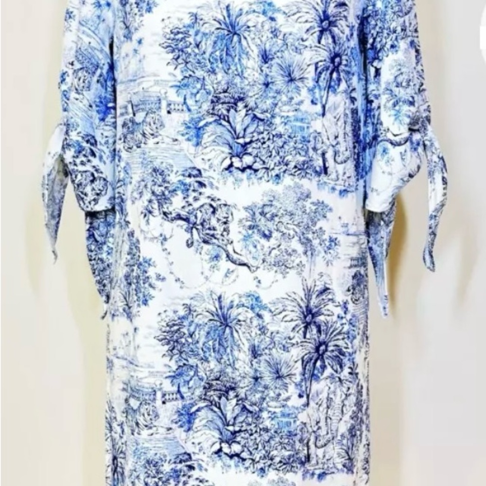 H&M Blue and White Floral Linen Blend Cold Shoulder Print Dress Size 12